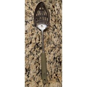 Ekco Vintage Chromium Plated Slotted Spoon with Green Handle 13"